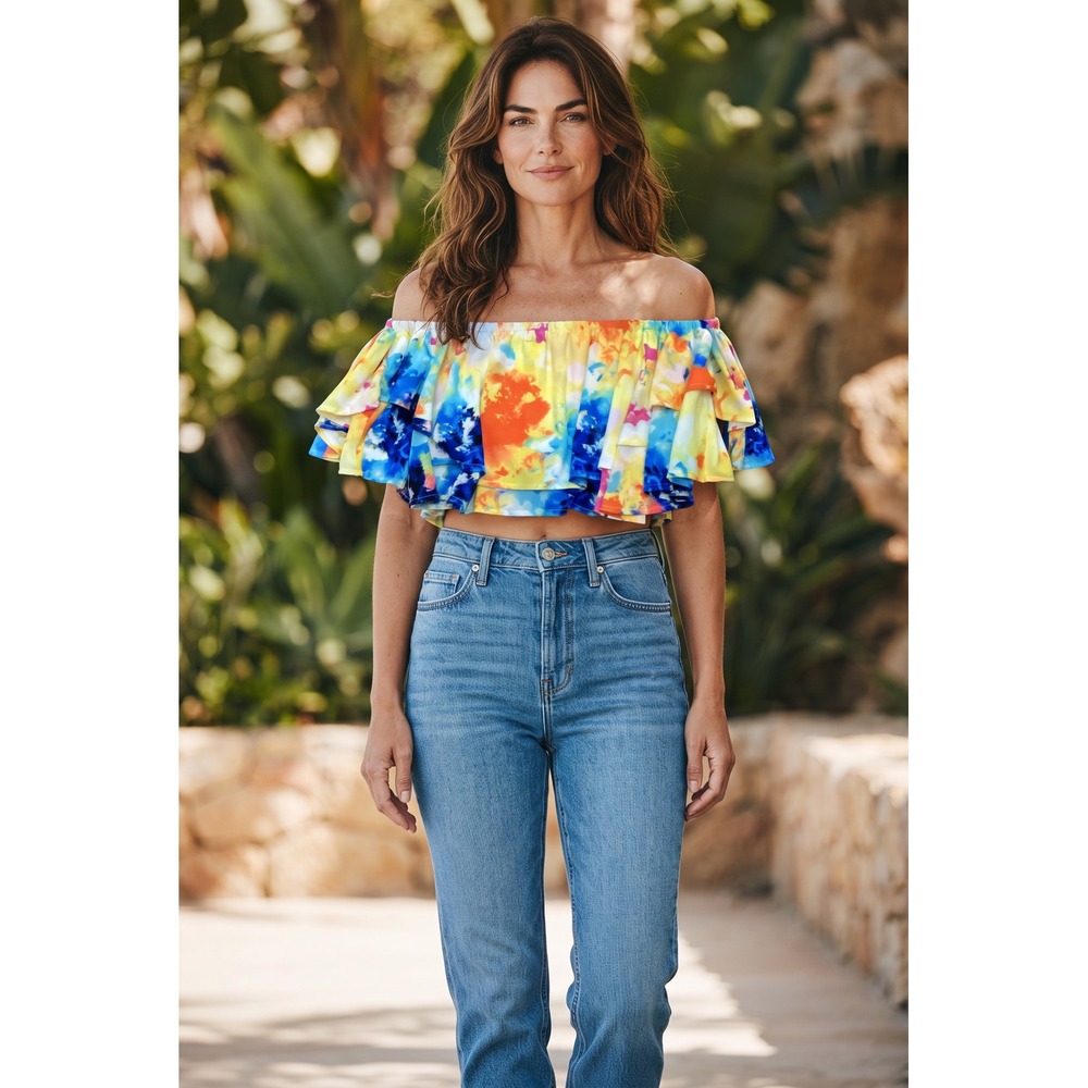 Peach Love California Off The Shoulder Ruffle Crop Top Watercolor Floral Large